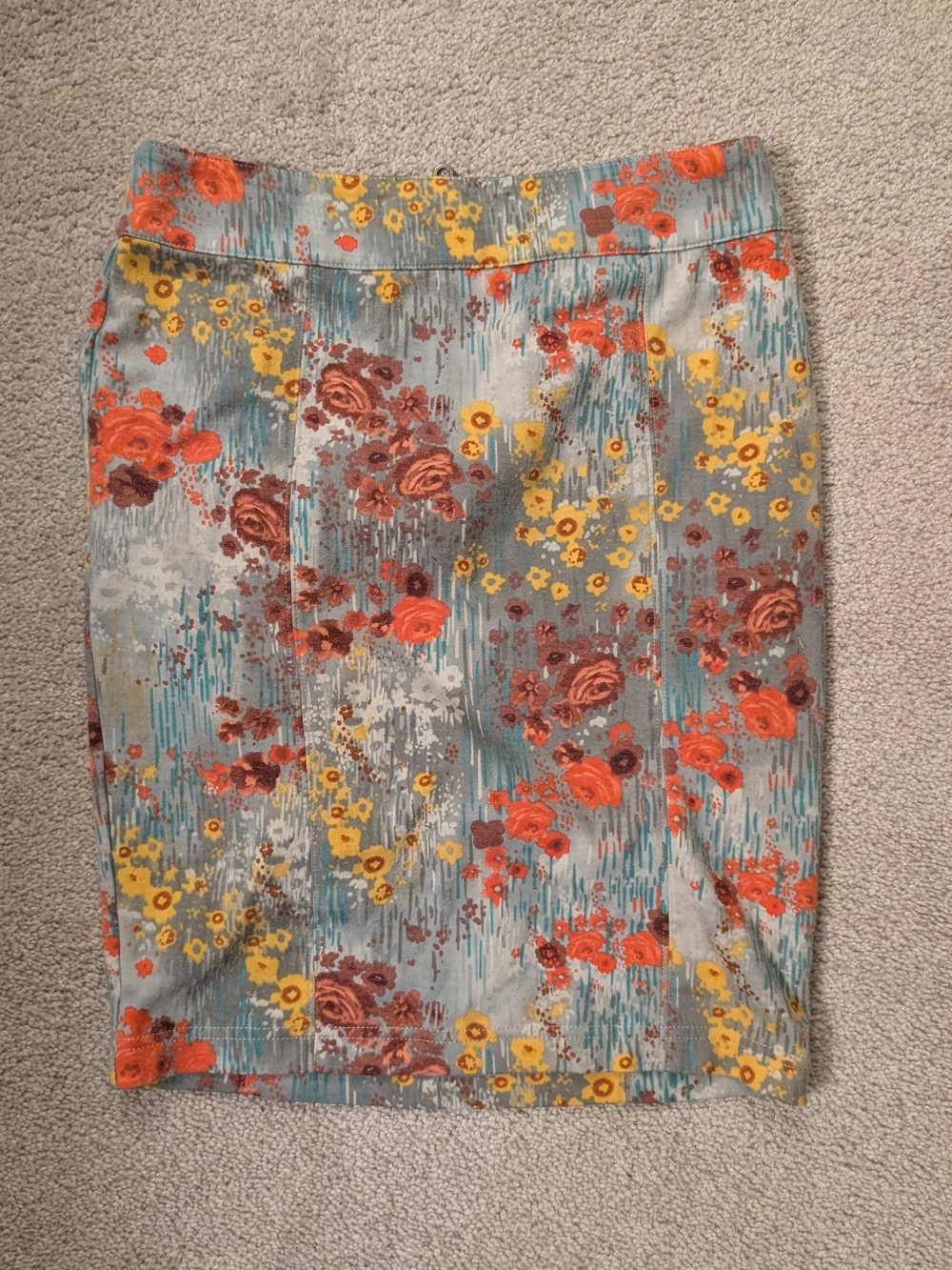 Floral Print Pencil Skirt - Gray with Orange & Yellow Flowers